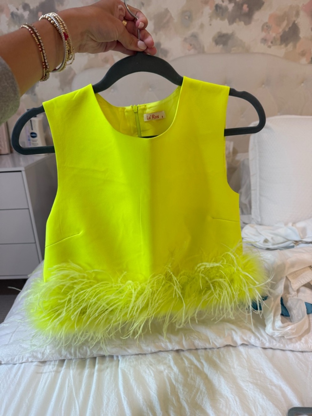 Neon Yellow Feather Trim Sleeveless Top